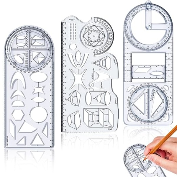 Multifunktionel geometrisk lineal, geometrisk mønster lineal, 3 stk. multifunktionel tegnelineal, geometriske figurer lineal, geometrisk tegnelineal, geometrisk lineal