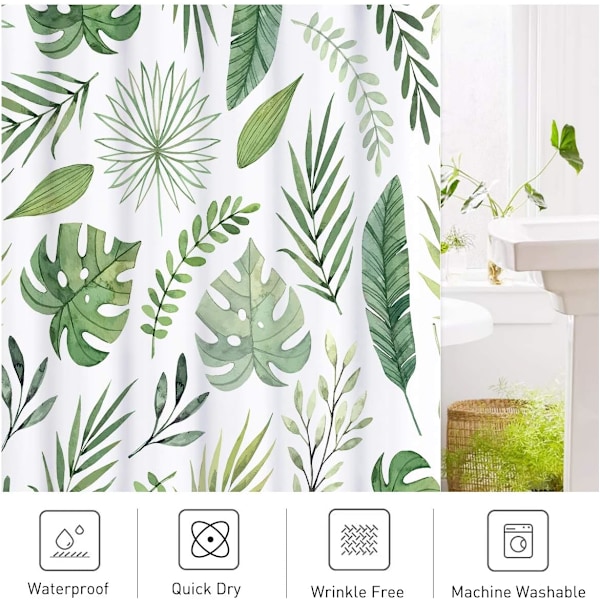 Mildew-resistent bruseforhæng, grønne blade tropiske planter bruseforhæng polyesterstof til badeværelse med 12 kroge vandtæt, 180 x 200 cm