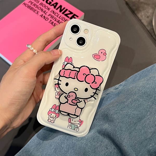 Designet for iPhone 13-deksel, mykt beskyttende støtsikkert telefondeksel med telefonholder, hellokitty hvitt/rosa