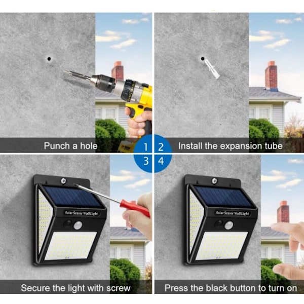 Solcellelamper Utendørs, Solcellelampe Utendørs med Bevegelsessensor, 3 Moduser [4 Pakke 144 LED] Vanntett Utendørsbelysning Solcelledrevet Trådløs Vegglampe for Gar