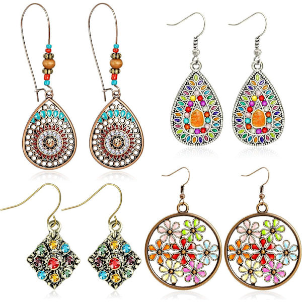 4 paria Boho Vintage -riipuskorvakoruja Vintage Rhinestone -korvakoruja Bo