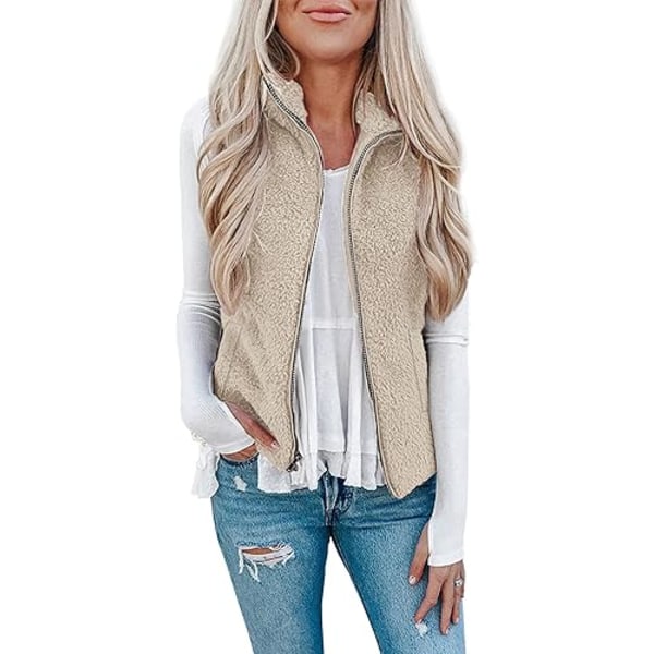 (M) Dam Fuzzy Sherpa Fleece Jacka Lätt Väst Mysig Ärmlös Cardigan Dragkedja Väst Ytterkläder med Fickor