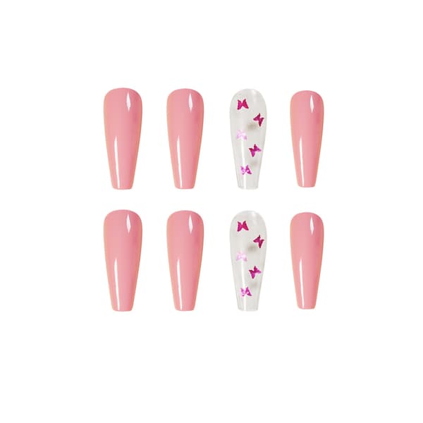 Fjäril Press on Nails Coffin Nail Tips Rosa Naglar Glansig Extra