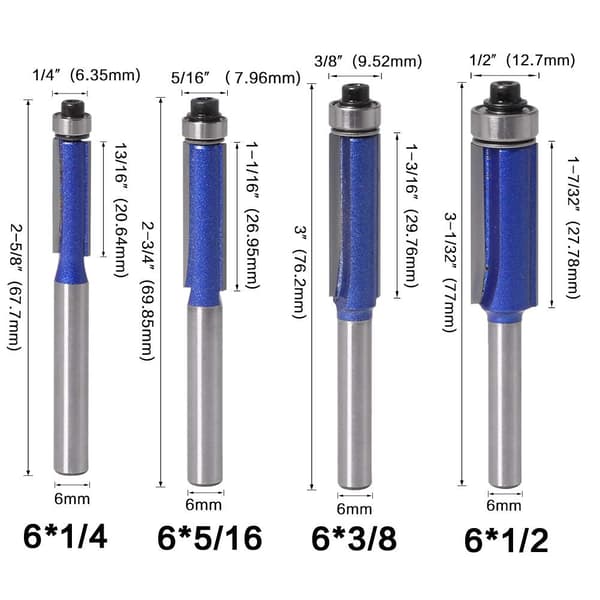 Stykker 6 mm Skaft Planfræserbits, Kopifræserbit med Topleje, Rillefræserbits, Træbearbejdningsfræserbits, Skærediameter: 1/4\", 5/16\"