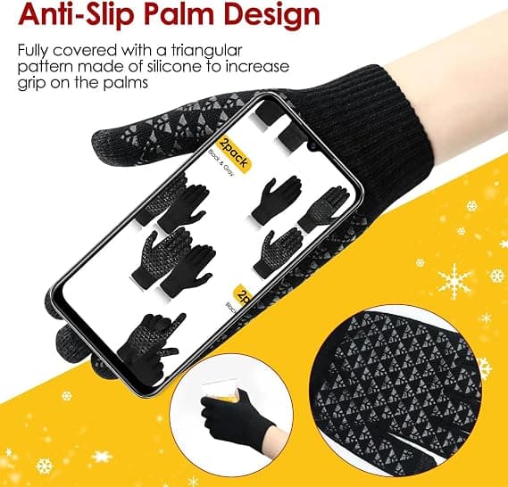 Par Vinter Touch Screen-Handskar, Sport Handskar, Varma, Halksäkra, med Mjuk Stickad Termisk Foder, för Män och Kvinnor (Svart)