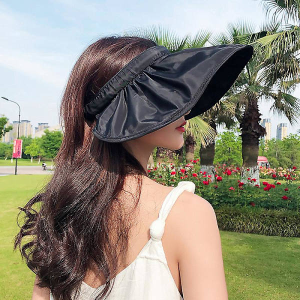 Dame Sommer Visor Hat Sol Visor Cap Sol Hat UV Beskyttelse Strand Cap Strand Rejse Hat Sort