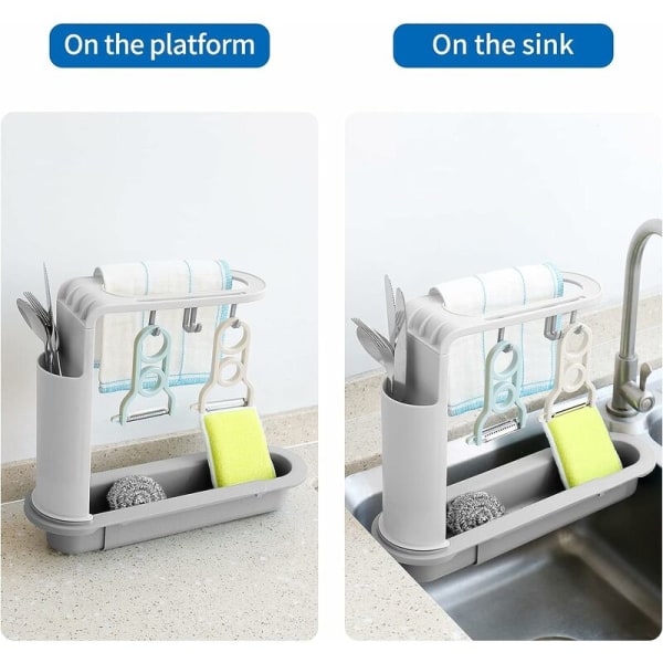 Vaskesvamp Holder Køkkenvask Organizer Multifunktionel Vaskestativ Udtrækkelig Vaskestativ Køkkenvask Opbevaring Køkkenvask Opvaskeklude Køkkenvask Opbevaring Grå Hvid 34-50cm