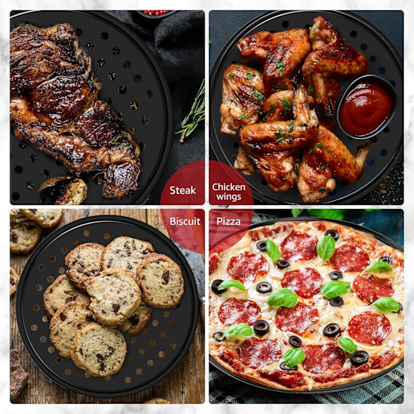 3 stk Runde Pizza Bageplader Non-Stick med Perforerede Huller - 24cm, 28cm, 32cm - Kulstofstål Pizza Pan til Hjemmekøkkenovn (3 stk)