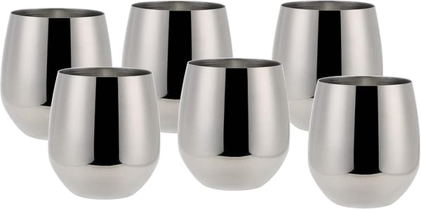 Sett med 6 vinglass og vannglass i rustfritt stål, sølvutgave, 500 ml, 10 x 7,6 cm, 10 x 7,6 cm
