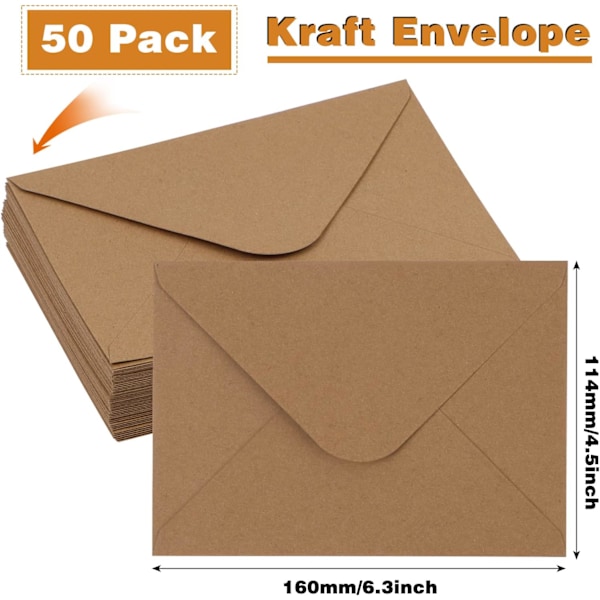 50 stk. C6 Kraftpapir Konvolutter, Kreative Retro Konvolut Natur Papir Konvolutter, Mini Konvolutter Små Kraft Konvolutter til Bryllupsinvitation