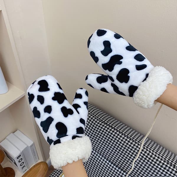 Tjocka vantar med komjölksmönster, vintervarma handskar, plyschvantar, Annimal Cows-vantar, hängande nackvantar för kvinnor och män