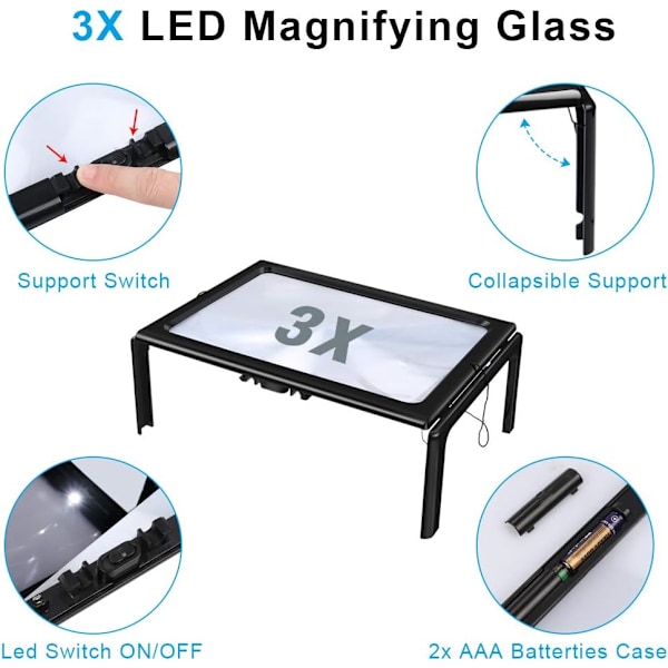 Læseforstørrelsesglas med LED-lys, 3x forstørrelse A4 rektangulær