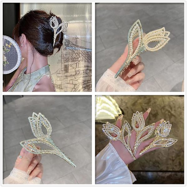 1PCS hårklemme, søt metallblomst perle tulipan haiklemme sklisikker hårklemme klør for kvinner jenter