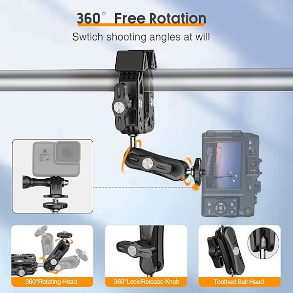 Super Clamp -kamerakiinnike 1/4 ja 3/8 tuuman kierteillä, Mini Magic Arm Super Clampilla, 360° pallopäävarsi DLSR-kameralle, Gopro, Action Cam, Mon