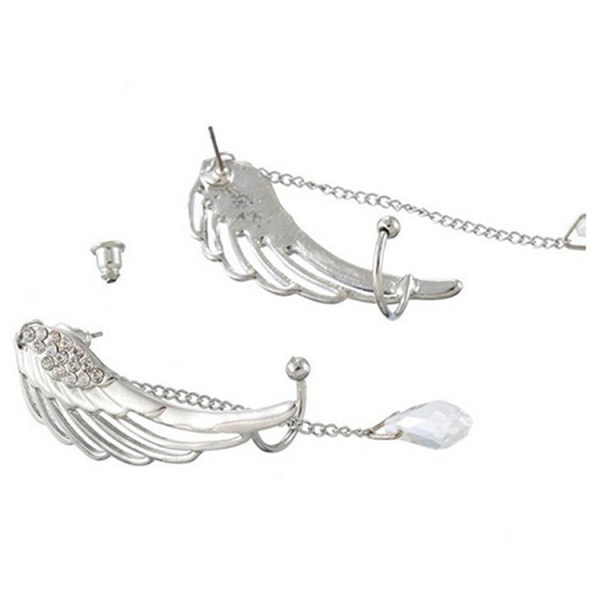 1 par Silver Angel Wing Crystal Øreringe Drop Dangle Ear Stud Clip Cuff