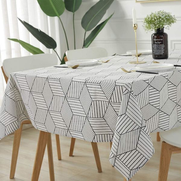Rektangulær duk i geometrisk stil, bomullslinduk, støvtett duk for kjøkken, spisestue, borddekorasjon (rektangel/avlang, 140 x 178 cm (6-8 seter), hvit)