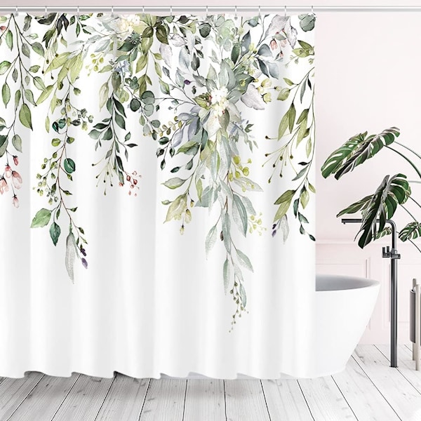 Grøn eukalyptus bruseforhæng med akvarelblade og blomster