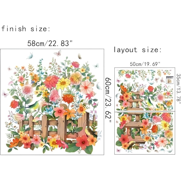 Blomväggdekaler Staket Färgglada Blommor Fjäril Väggdekaler för Sovrum Vardagsrum Kök Dekoration