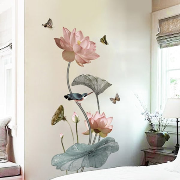 Väggdekal Lotusblommor Fåglar Fjärilar Väggklistermärke Väggdekor
