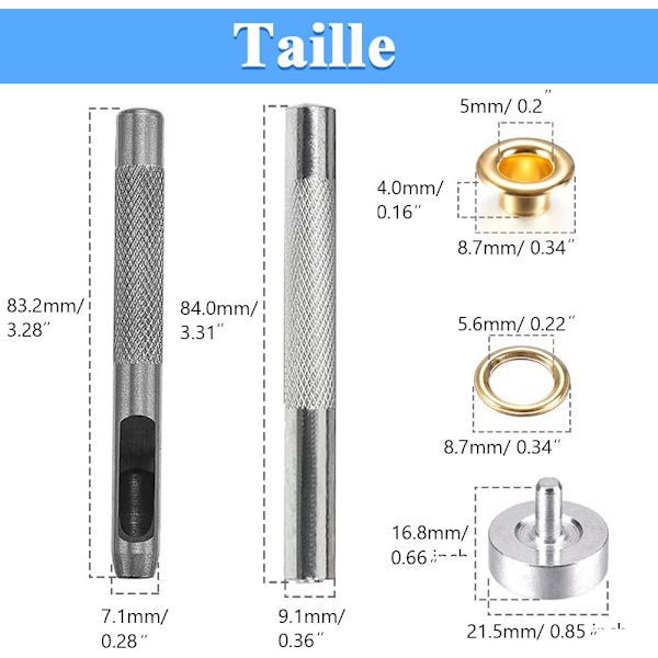 400 kpl 5 mm:n silmukoita, messinki silmukkasarja 3 silmukkas asennustyökalulla ja säilytyslaatikolla DIY-ompeluun, kenkien, vyön, vaatteiden, nahka- ja pressukankaiden korjaamiseen