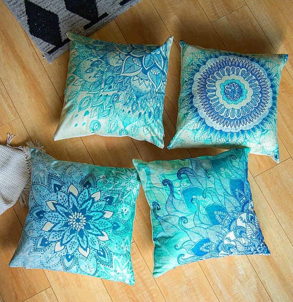 Et sæt med 4 boheme-stil dekorative blå mandala pudebetræk til bilsofa i linnedtryk