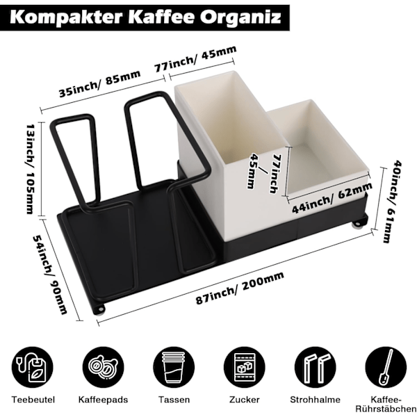 Kaffeorganisationssats - Liten Kaffeorganisatör - Förvaring för Kopp, Mjölk och Socker - Svart