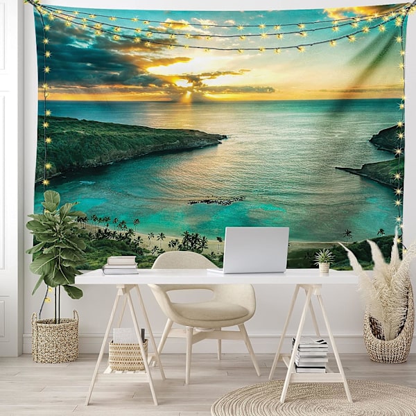 Hawaiiansk veggteppe, soloppgang over bukten Oahu Hawaii solstråler gjennom