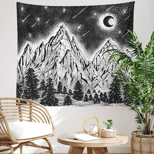 Boho-sienitaulu huoneen sisustukseen, vuorikuun mustavalkoiset seinävaatteet, perhostähtitaivaan seinävaate makuuhuoneen esteettiseen olohuoneeseen, asuntolaan 150x100cm