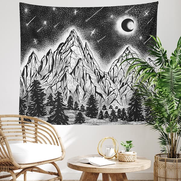 Boho svamp gobeläng för rumsdekor, berg måne svart och vit