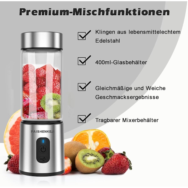 Blender Mixer, 400ML Portabel Smoothie Blender Mini Mixer med 6 Rostfria Stålblad, USB Mini Blender för Juice, Shakes och Barnmat