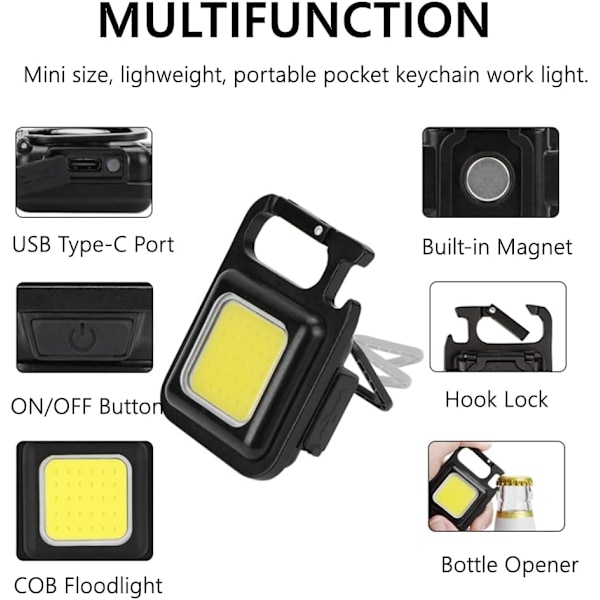 Nøkkelring LED lommelykt, USB oppladbar liten COB multifunksjon