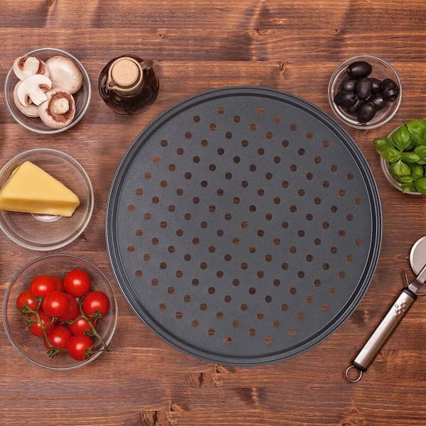 4-pack runda perforerade non-stick pizzastålplattor i antracit