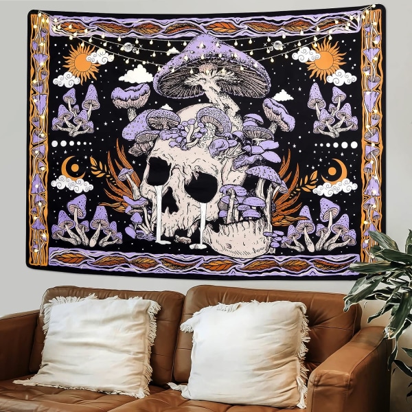 Purple Mushroom Skull Tapestry Seinään riippuva kuu ja aurinko luuranko