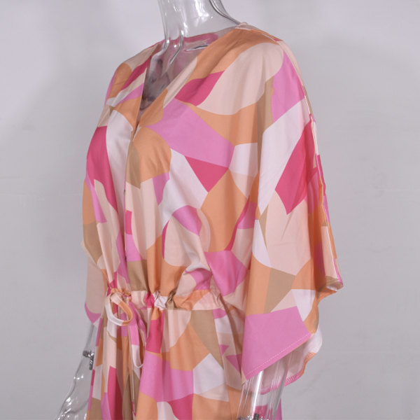 Kvinners Blomstrete Plunge Neck Knot Front A Line Kort Kjole (oransje og rosa fargematch-M)
