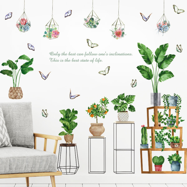 En set väggdekaler krukväxter fjärilar blommor vägg sti