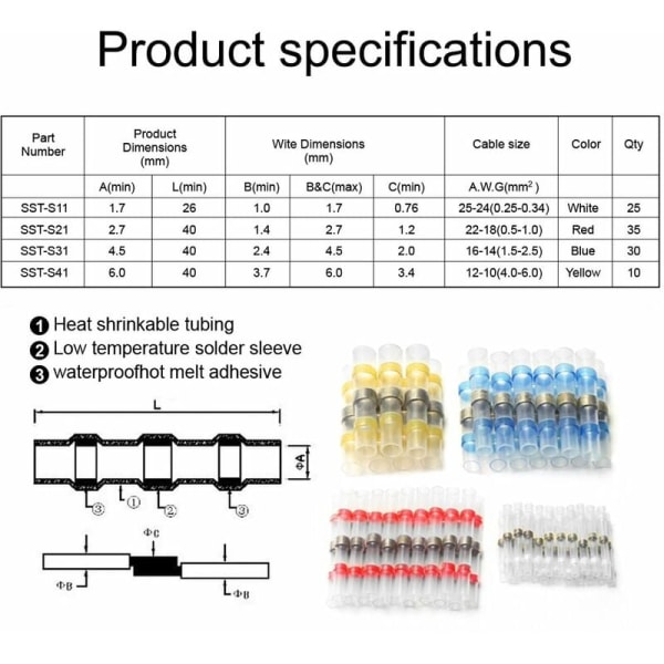 100pcs Solder Connectors - 4 Different Sizes - Heat Shrink - Cabl