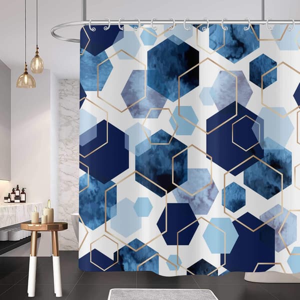 Blå badrumsdraperi, modernt marinblått nätbadrumsdraperi geometri abstrakt