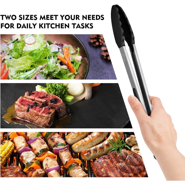 Premium rostfria låsbara kökstänger med silikonspetsar, set om 2-9\" och 12\", svart