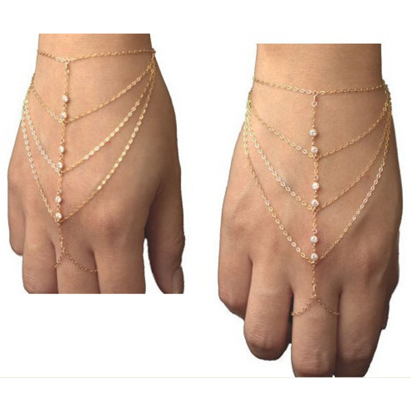 Pop Celebrity Kæde Tassel Krystal Armbånd Slave Finger Ring Hånd Sele