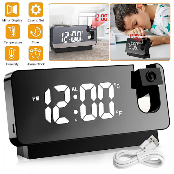 Led-spegelprojektionsväckarklocka termometer digital roterad display Usb svart