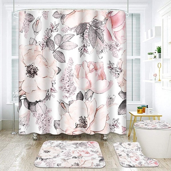 Vintage Rose Flower Leaf Watercolor Flowers 4 Piece Shower Curtai