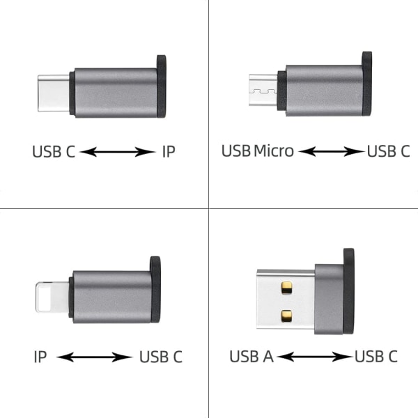 USB C till USB-adapter, USB-hane till USB C-hona, USB C-hona till Micro-hane, kompatibel med Type-C till IP, [4-pack], bärbar USB C-nyckelring