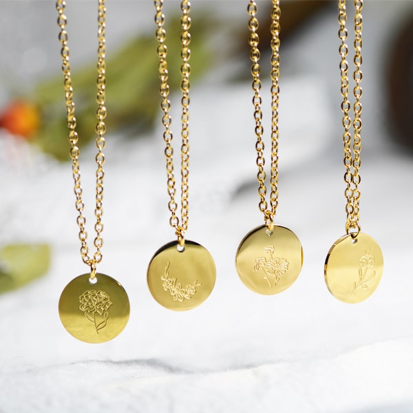 Födelsedag Blomster Halsband 18k Guld Graverad Anpassad Blommig Hänge Halsband Söt B
