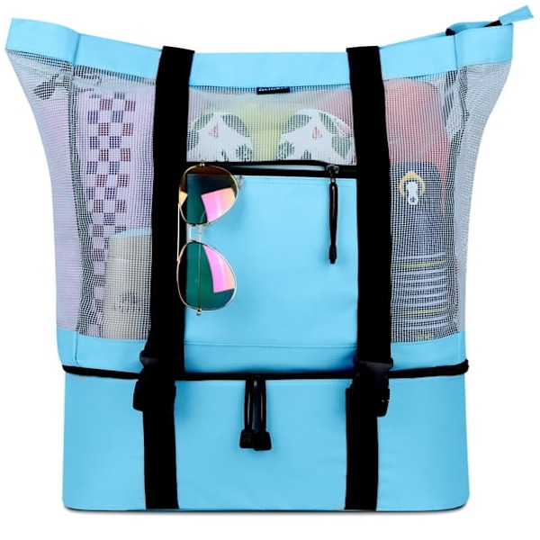 Mesh Strand Tote Taske med Køler - Aftageligt Design med Picnic Køler, Blå