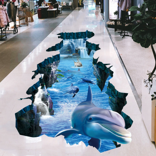 3D Broken Blue Dolphin Ocean World Väggdekaler, naturtrogen istid och Under The