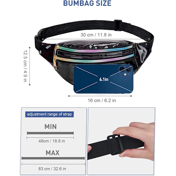 Midjeveske for kvinner og menn, unisex, holografisk effekt, byveske, vanntett, multifunksjonslomme, PU, skinnende midjeveske, uformell reise- eller turveske, svart