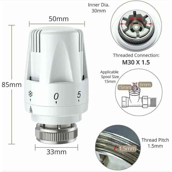 Termostatisk radiatortermostat 3 stk TRV Radiatortermostat M 30 x 1,5 Termostatisk radiatorventil Erstatningshode Radiatorventil Varmesystem Co