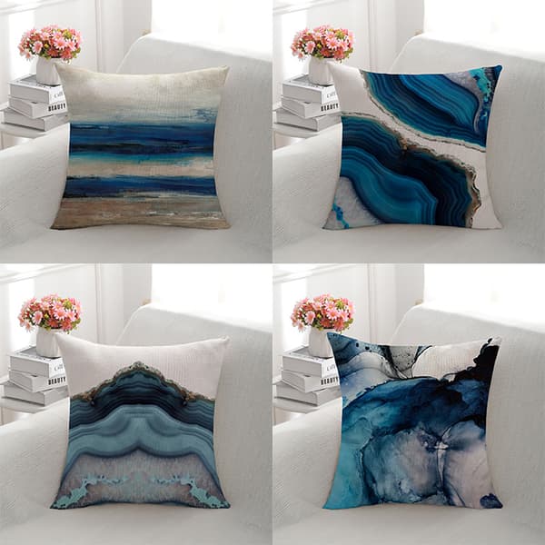Set om 4 blå sjömönstrade soffkuddfodral 45x45cm linnedekor