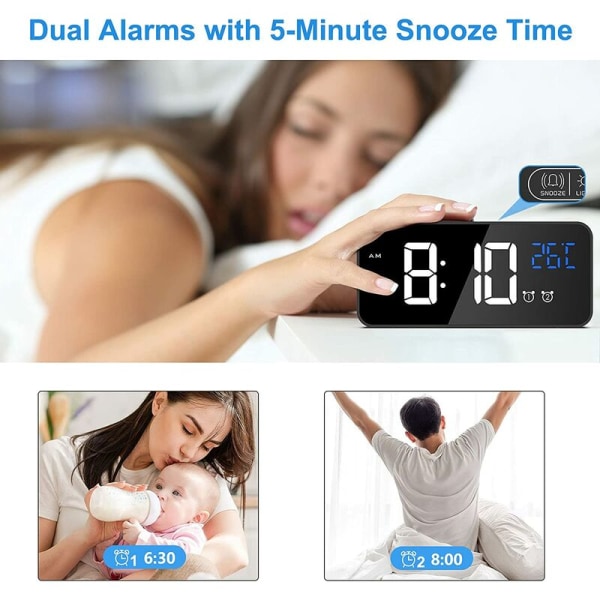 Digital väckarklocka, LED digital väckarklocka temperatur/snooze/2 larm/12/24 timmar/USB-laddningsport/16 låtar (svart)