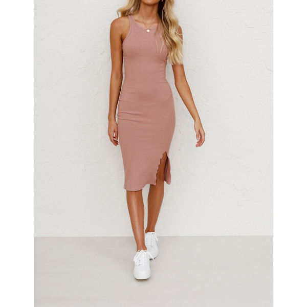 Kvinners sommer midi bodycon kjoler casual crew neck side split-L